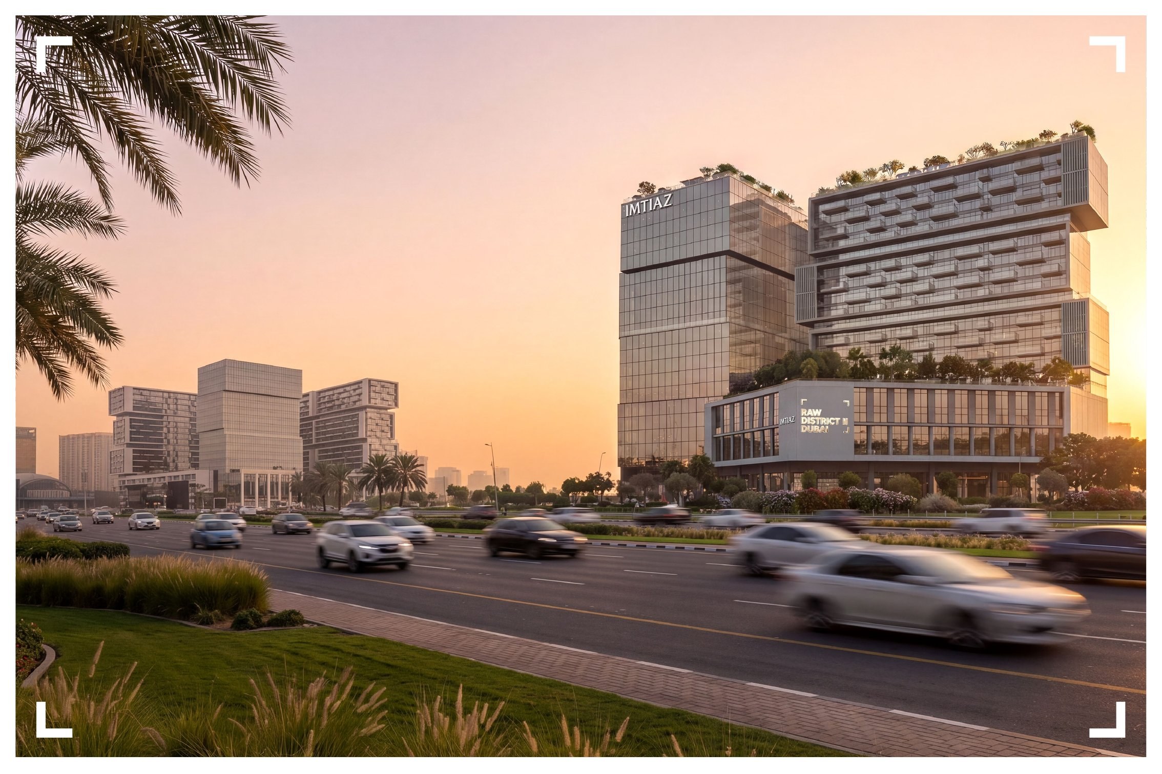 RAW District II. Sheikh Zayed Road frontage at golden hour, Downtown Jebel Ali Dubai